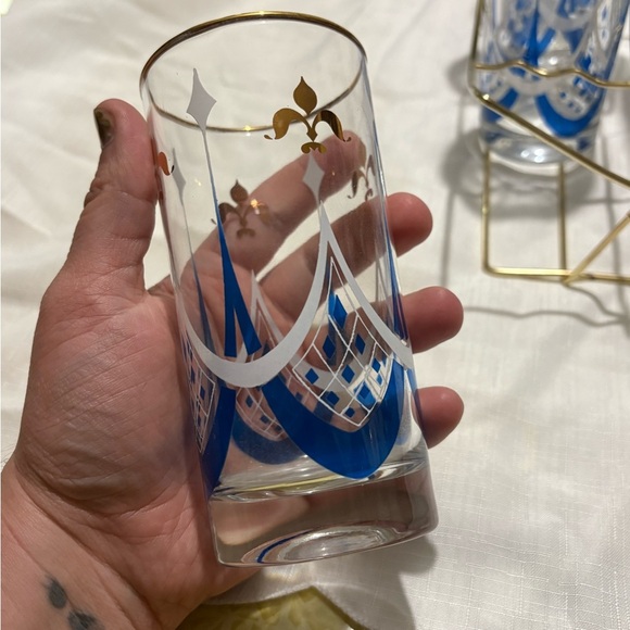Vintage Elegant Gold and Blue Glass Set with Holder - Picture 5 of 9